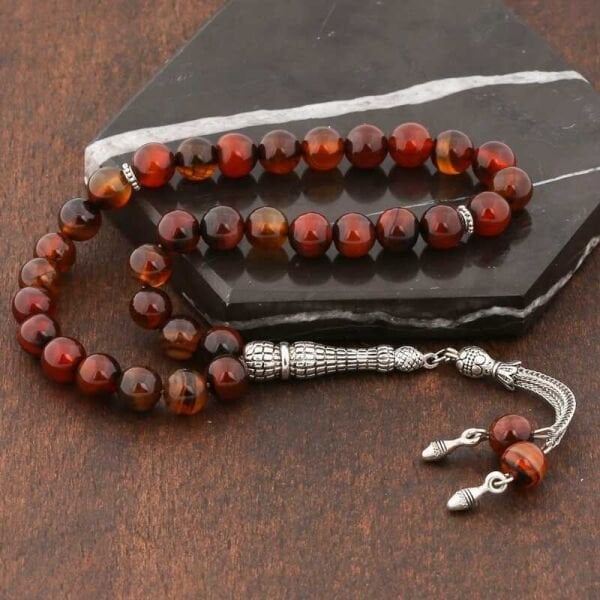 Doğaltaş Metal Püsküllü Akik Taşı Tesbih