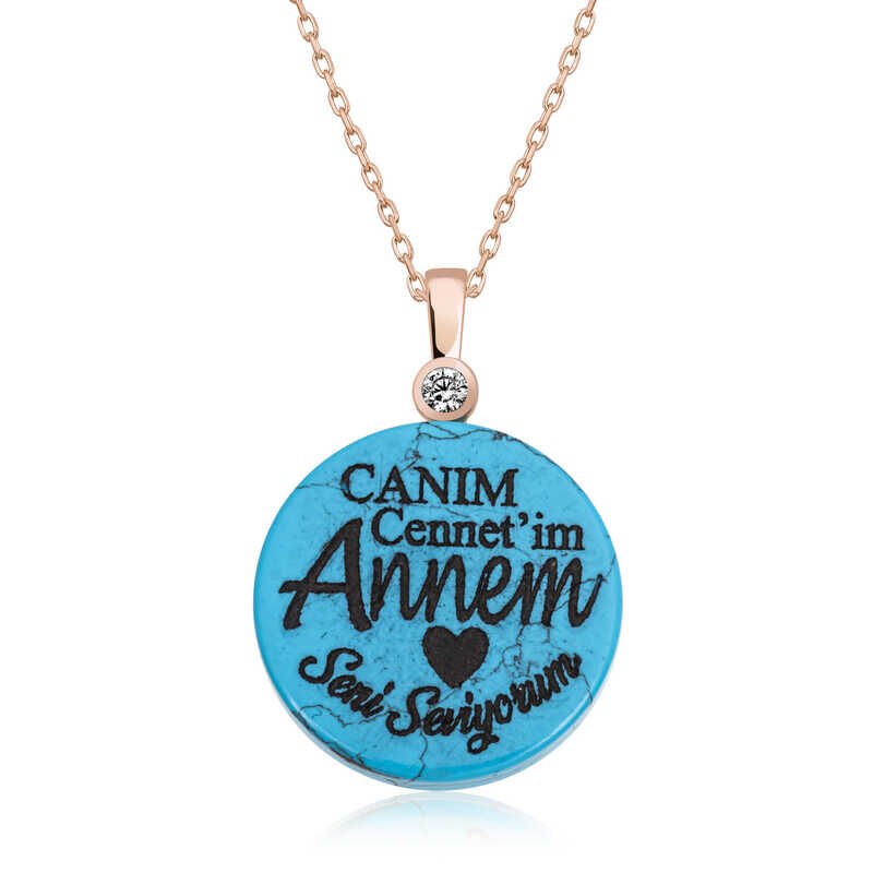 Gümüş Rose Turkuaz Taşlı Annem Yazılı Kadın Kolye
