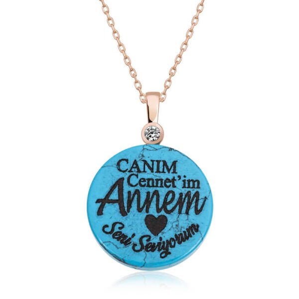 Gümüş Rose Turkuaz Taşlı Annem Yazılı Kadın Kolye