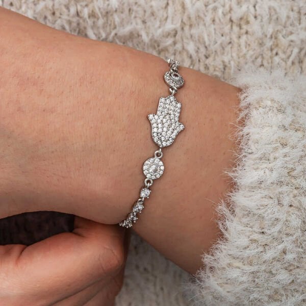 Gümüş Zirkon Taşlı Fatma Ana Eli Kadın Bileklik