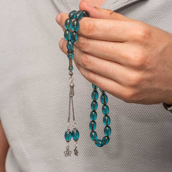 Gümüş Püsküllü Ateş Kehribar Tesbih