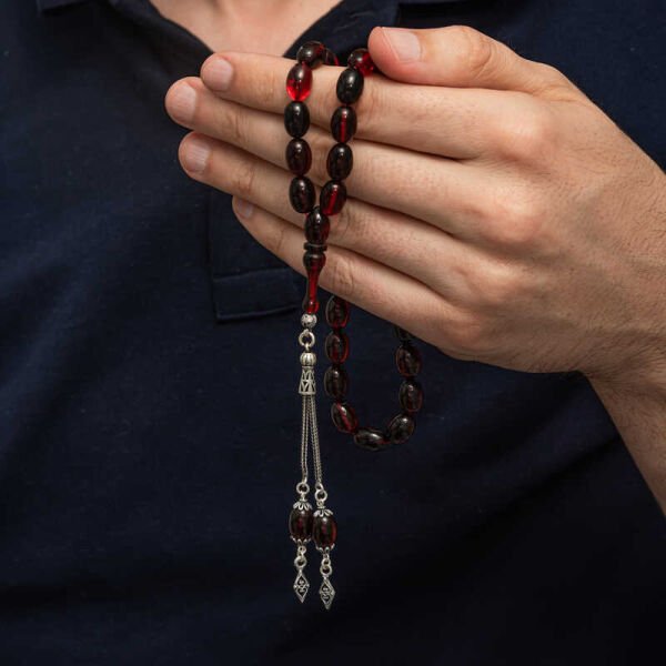 Gümüş Kırmızı Siyah Ateş Kehribar Tesbih