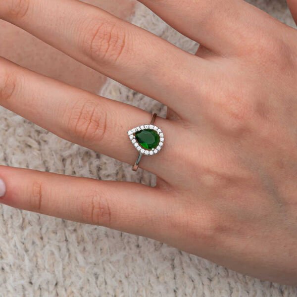 Gümüş Damla Zümrüt Taşlı Kadın Yüzük