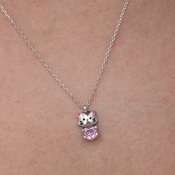 Gümüş Pembe Taşlı Sevimli Kedi Kadın Kolye