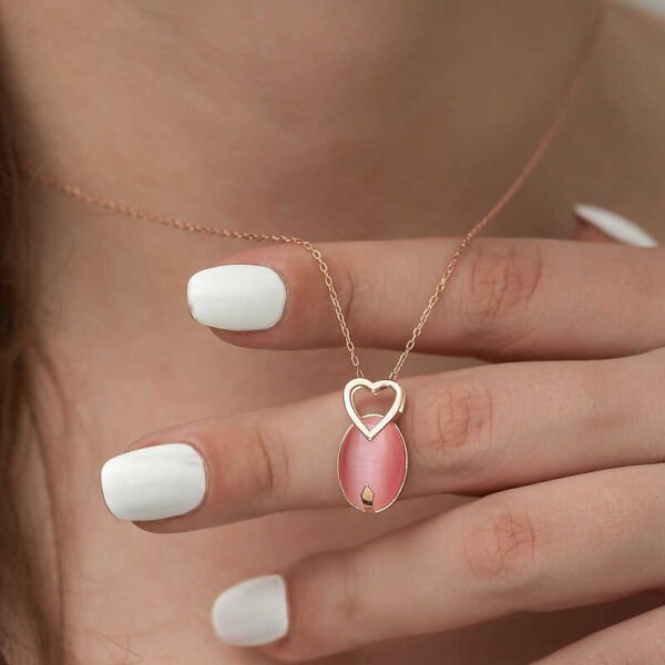 Gümüş Pembe Kedi Gözü Taşlı Kalp Kolye