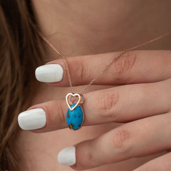 Gümüş Rose Turkuaz Taşlı Kalp Kolye