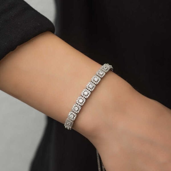 Gümüş Kare Baget Taşlı Asansörlü Bileklik