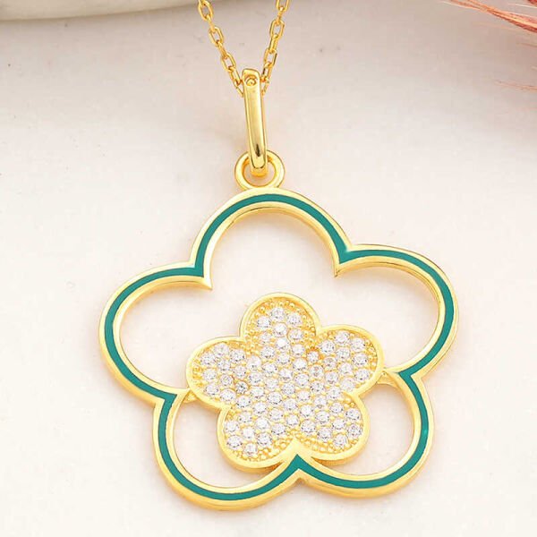 Gümüş Gold Çiçek Desenli Kadın Kolye