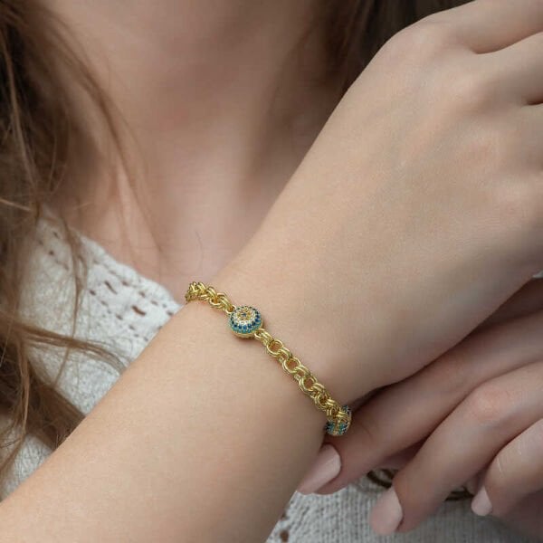 Gümüş Gold Sosyete Gözlü Zincir Bileklik