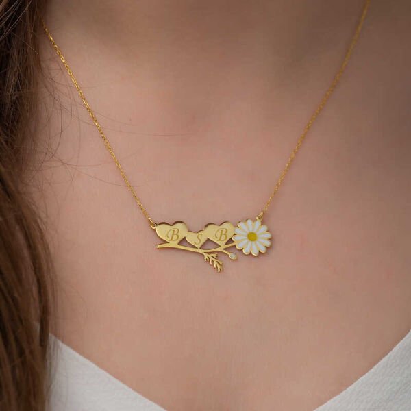 Gümüş Gold Kişiye Özel Kalpli Papatya Kolye