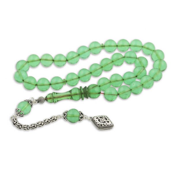 Gümüş Püskül Yeşil Küre Ateş Kehribar Tesbih