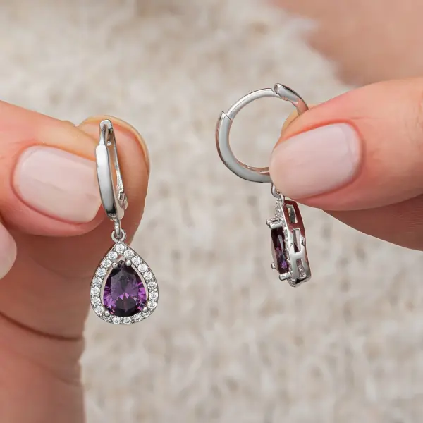 Gümüş Mor Zirkon Taşlı Damla Kadın Set