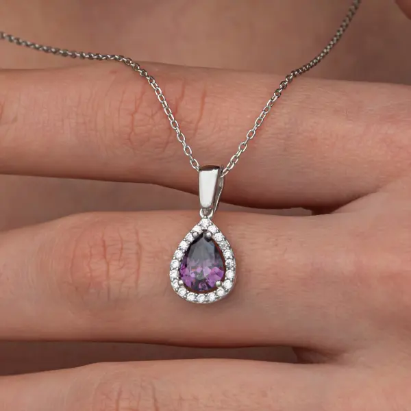 Gümüş Mor Zirkon Taşlı Damla Kadın Set