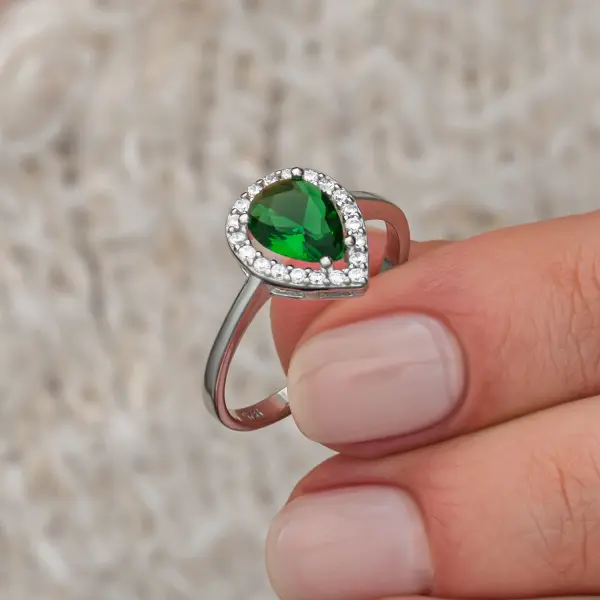 Gümüş Yeşil Zirkon Taşlı Damla Kadın Set