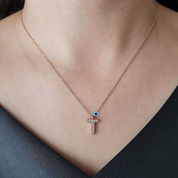 Gümüş Rose 3 Boyutlu Nazarlı Harf Bayan Kolye