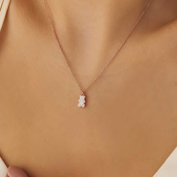 Gümüş Rose Renkli Ayıcık Kadın Kolye