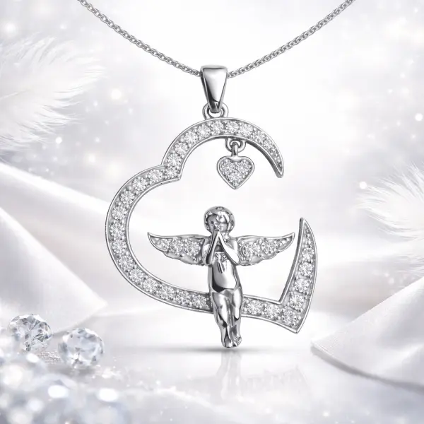 Gümüş Kalpli Melek Kadın Kolye