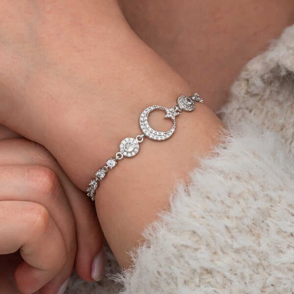 Gümüş Zirkon Taşlı Ay Yıldız Kadın Bileklik