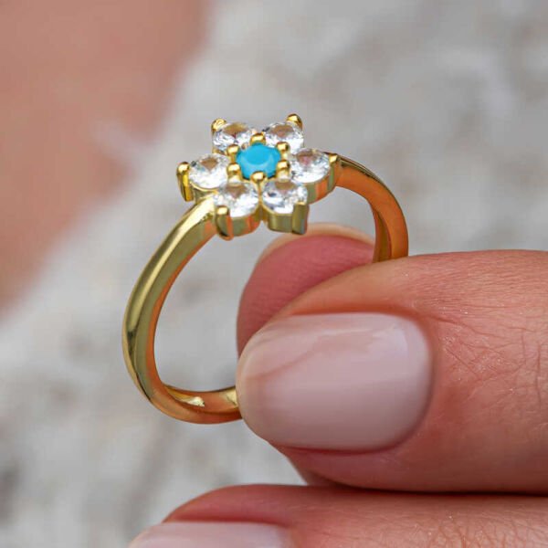 Gümüş Mavi Taşlı Gold Çiçek Kadın Yüzük