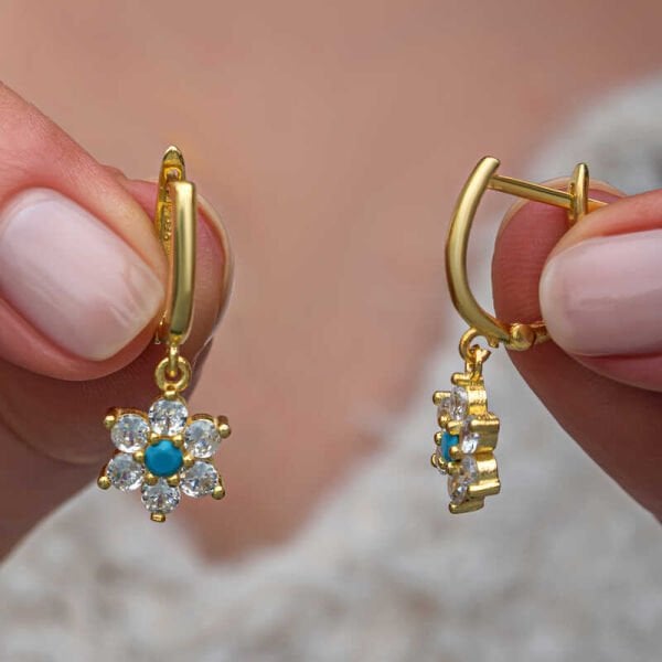 Gümüş Mavi Taşlı Gold Çiçek Kadın Set