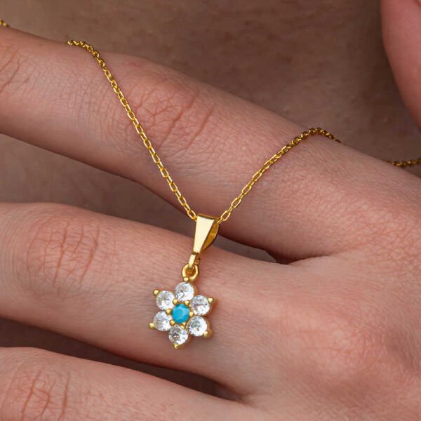 Gümüş Mavi Taşlı Gold Çiçek Kadın Set