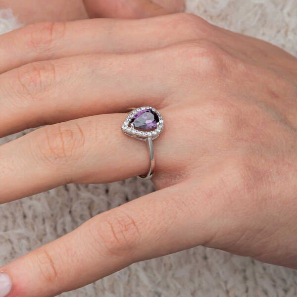 Gümüş Damla Mor Taşlı Kadın Yüzük