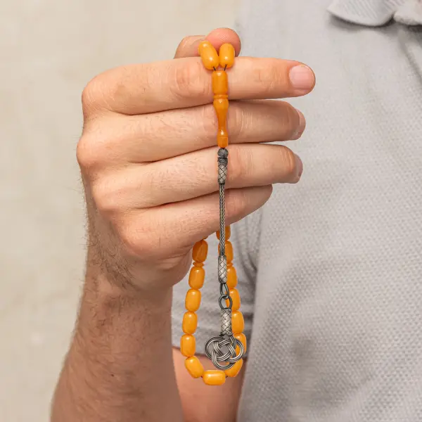 Gümüş Kazaz Püsküllü Kapsül Kesim Sarı Sıkma Kehribar Tesbih