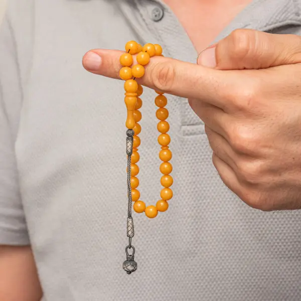 Gümüş Top Kazaz Püsküllü Sarı Yuvarlak Sıkma Kehribar Tesbih