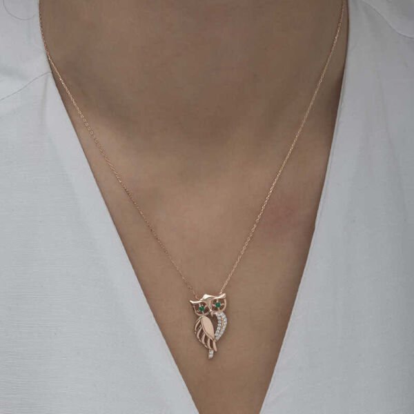 ​Gümüş Rose Yeşil Gözlü Baykuş Kadın Kolye