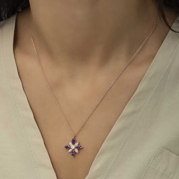 Gümüş Rose Mor Taşlı Umut Çiçeği Kolye