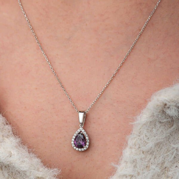 Gümüş Damla Mor Taşlı Kadın Kolye