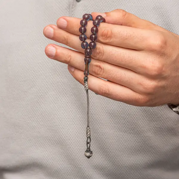 Gümüş Top Kazaz Püsküllü Şeffaf Mavi Sıkma Kehribar Tesbih