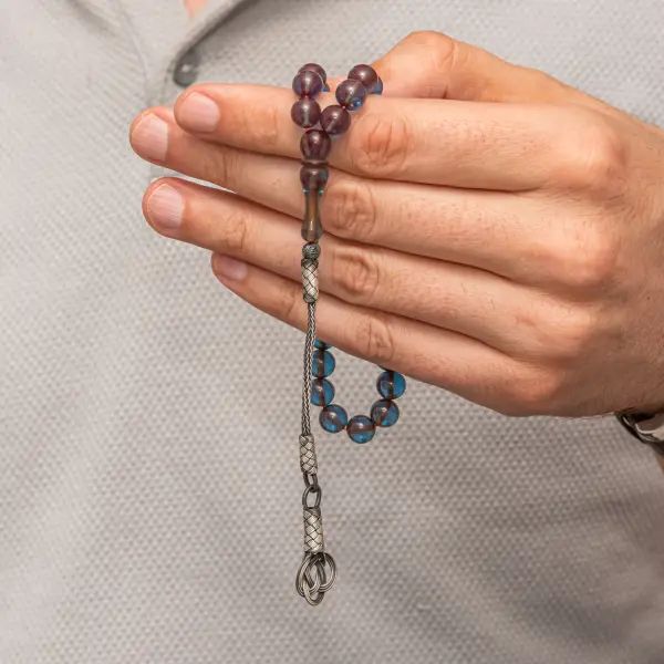 Gümüş Kazaz Püsküllü Şeffaf Mavi Sıkma Kehribar Tesbih