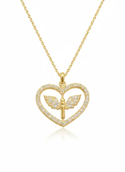 Gümüş Gold Mikail Meleği Figürlü Kalp Kadın Kolye