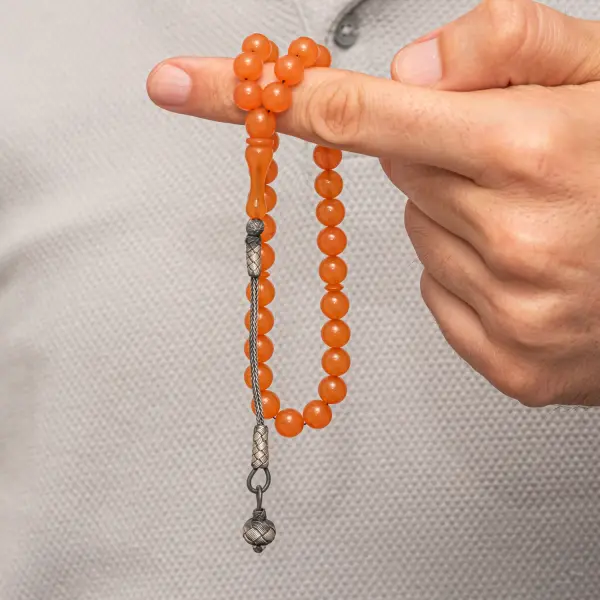 Gümüş Top Kazaz Püsküllü Turuncu Sıkma Kehribar Tesbih