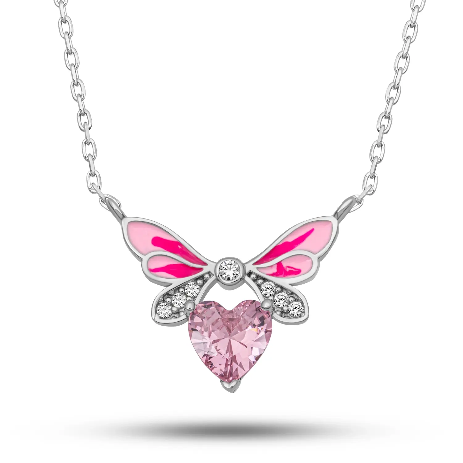 Gümüş Pembe Kalp Peri Kanatlı Kolye