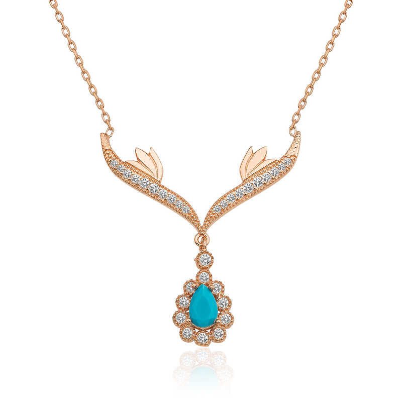 Gümüş Rose Turkuaz Taşlı Madalyon Bayan Kolye