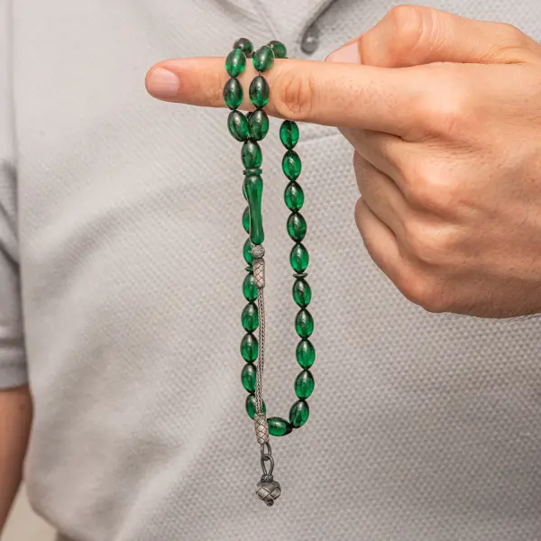 Gümüş Yeşil Kazaz Püsküllü Sıkma Kehribar Tesbih