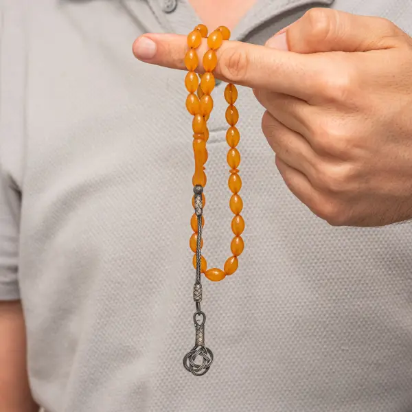 Gümüş Turuncu Kazaz Püsküllü Sıkma Kehribar Tesbih