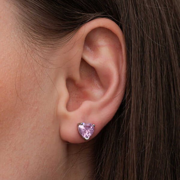 Gümüş Pembe Taşlı Kalpli Çivili Kadın Küpe