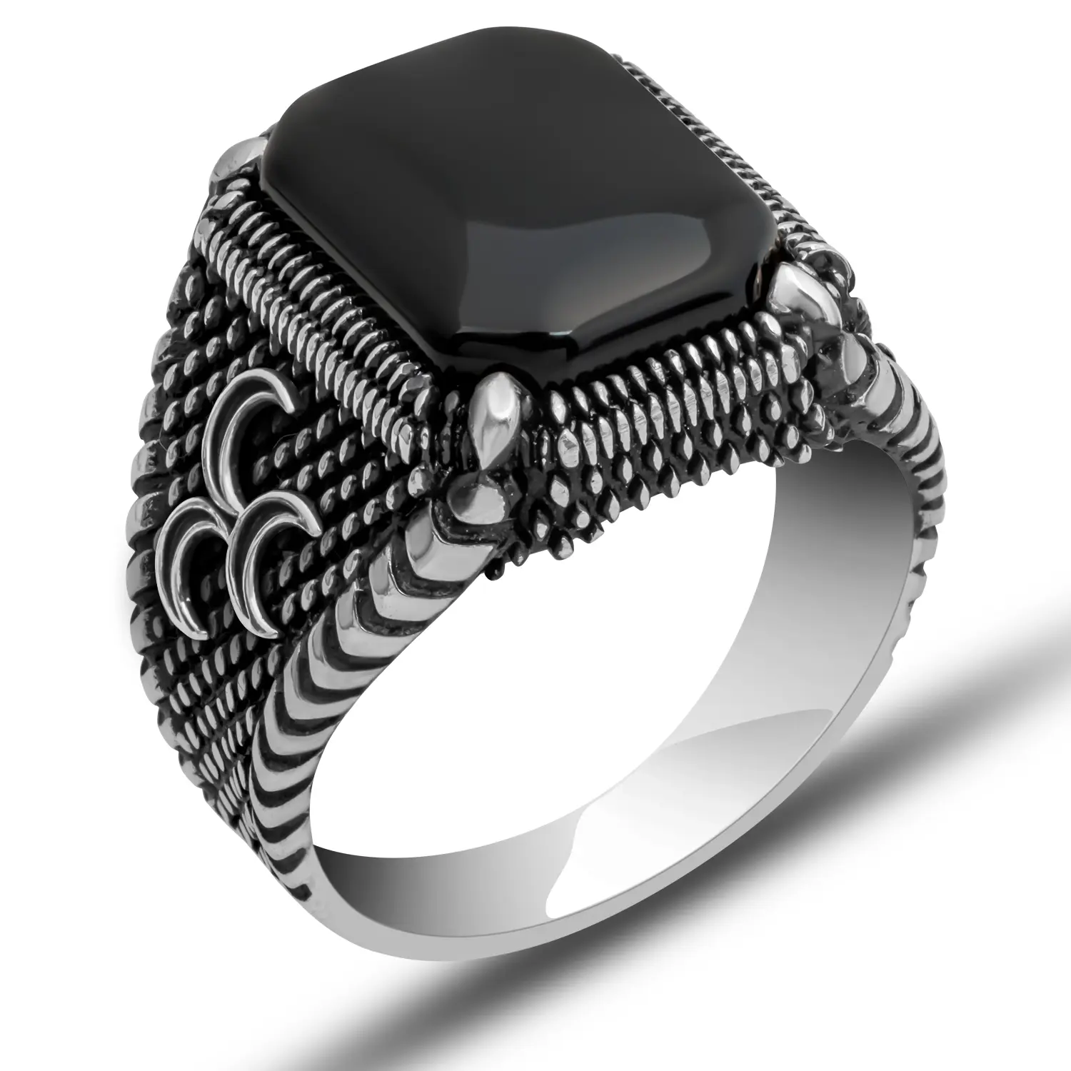 Gümüş Üç Hilal Oniks Erkek Yüzük