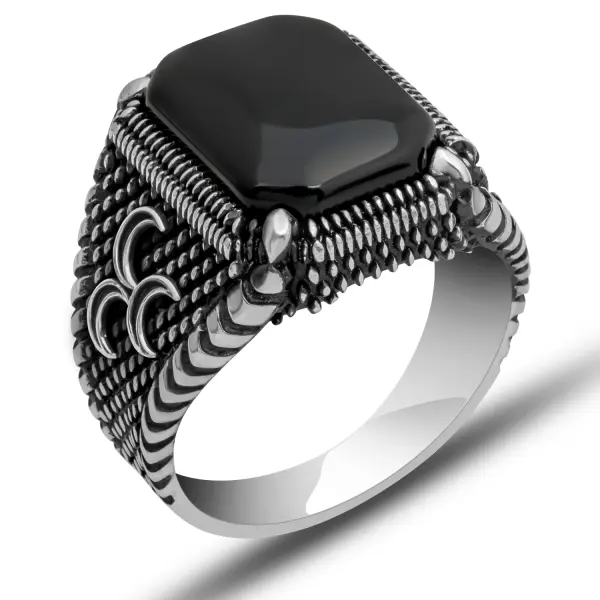 Gümüş Üç Hilal Oniks Erkek Yüzük